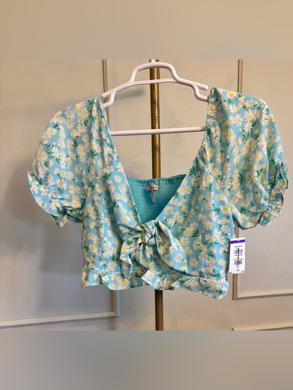 BCBGeneration Aqua Ditsy Daisy Tie-Front Crop Top MSRP $52